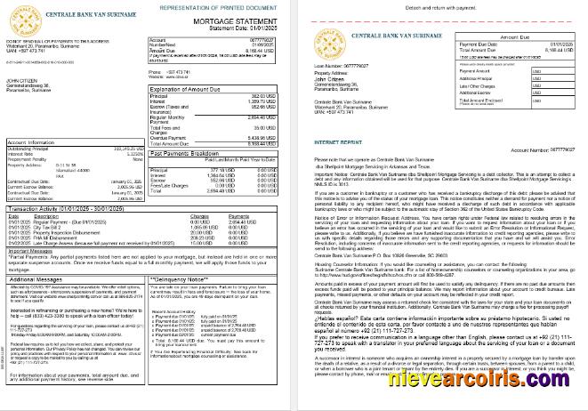 Suriname Centrale Bank Van Suriname bank mortgage statement, 3 pages 1-2